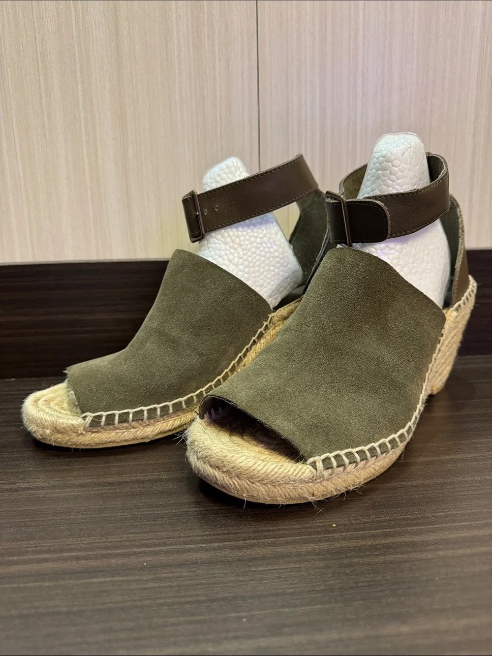GAP Olive Green Suede Espadrille Wedge Sandals with Brown Ankle Strap - Picture 1 of 7